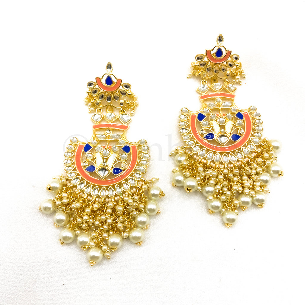 Artisan Hand-painted Long Amrapali style Earring with polki Kundan stones and pearl dangles