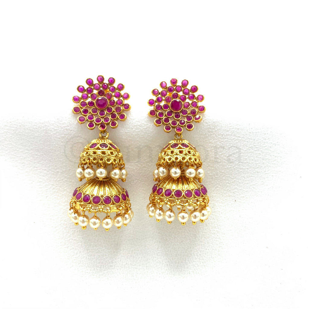 Beautiful Antique Two-Layer Ruby red Jhumka earring with Floral stud arring
