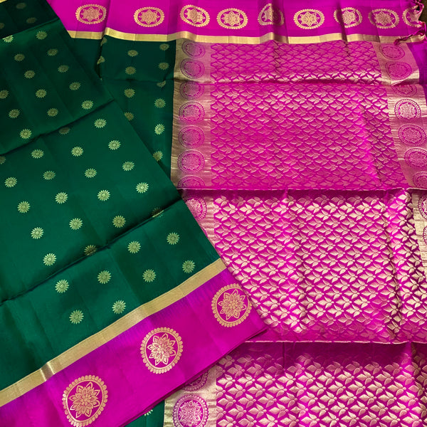 Kanchipuram Pure Silk Handloom Soft silk saree in Dark Green and Pink Border