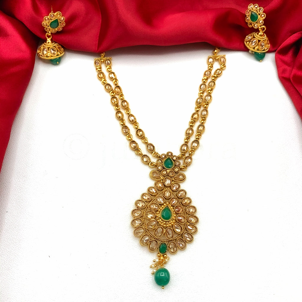 Trendy Two layered Antique Gold plated Necklace with LCD and Green stones and Jhumka earring