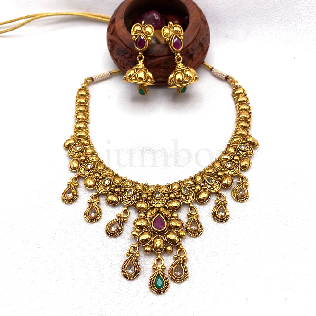 Traditional Antique Gold plated Necklace with Jhumka earring