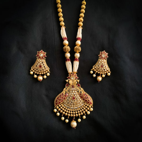 Exquisite Statement Antique Gold Pearl Mala Necklace Set