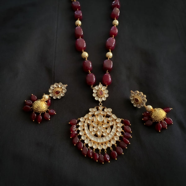 Handmade Royal Polki Kundan Necklace with Maroon red Agate Nugget Beads with Jhumka