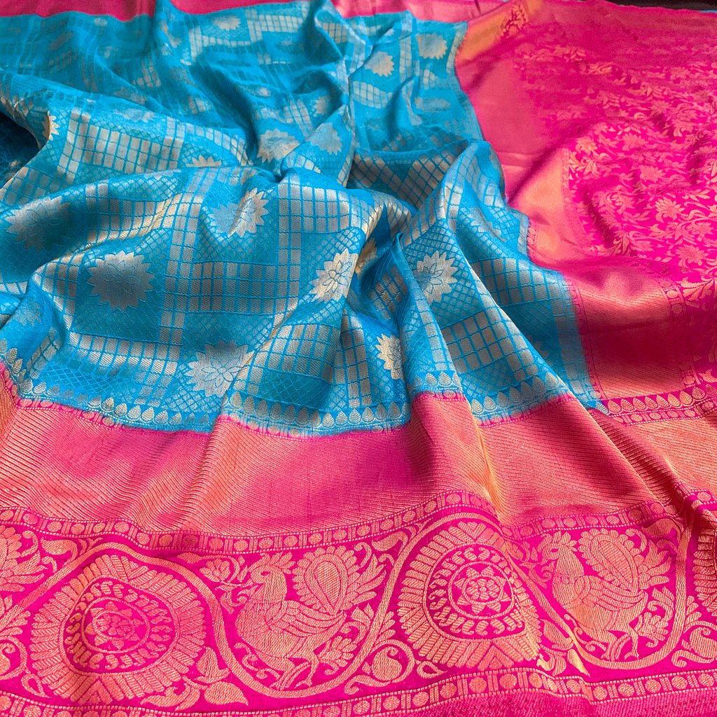 Graceful Kubera Pattu Silk Saree in Blue with Contrast Pink Rich pallu