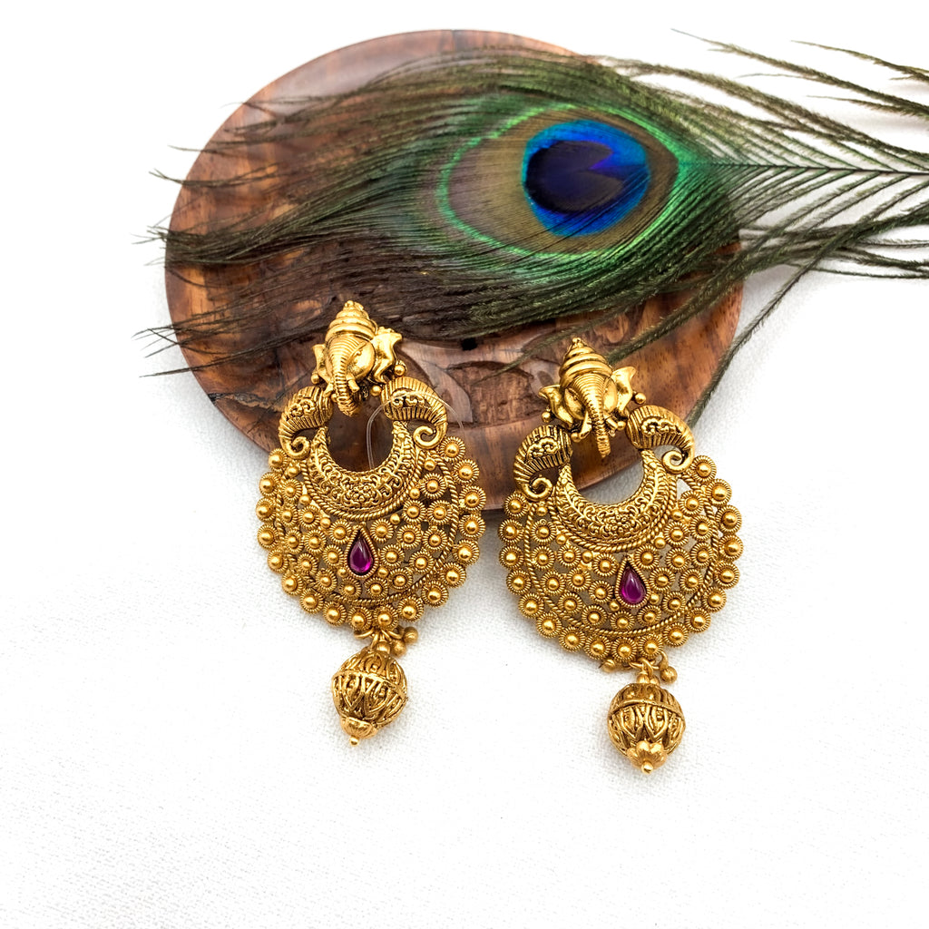 Traditional Antique Matte Gold Ganesha Chandbaali Style earring