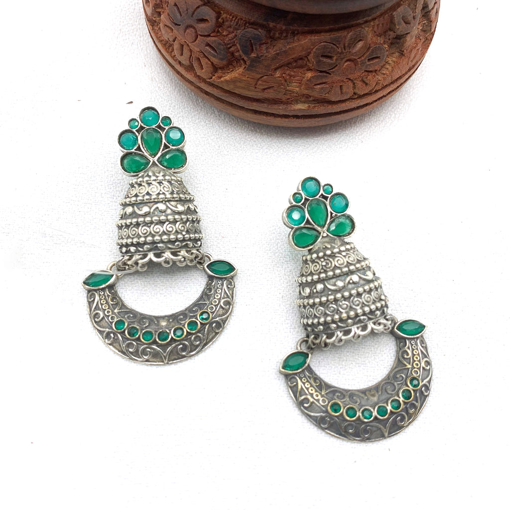 Modern Oxidized Silver Earring with Green stones