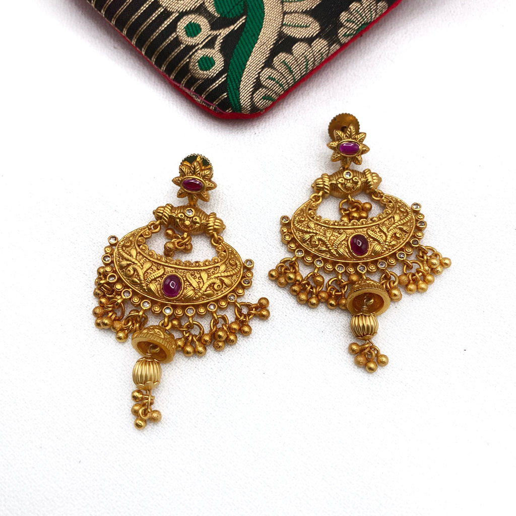 Traditional Antique Matte Gold Plated Chaandbali Earring with red Kemp stone