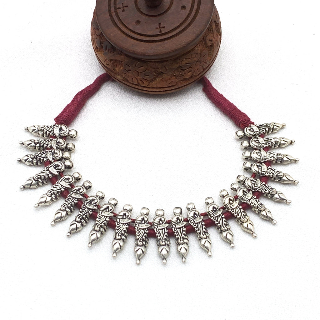 Tribal Oxidized Silver Choker style Necklace with Red Dori