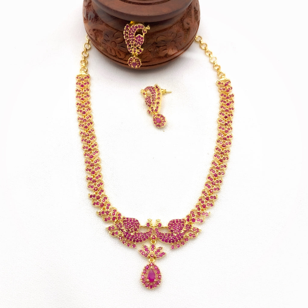 Ruby Red Zircon (CZ) Stone Peacock Necklace and Earring