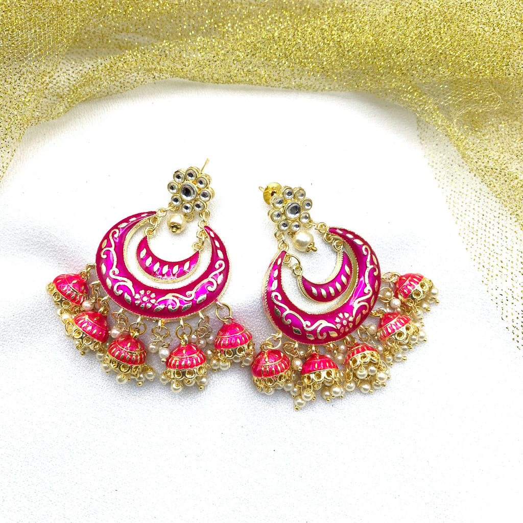 Bollywood Style Hot Pink Hand-painted Chaandbali Earring with Jhumka with Kundan stud