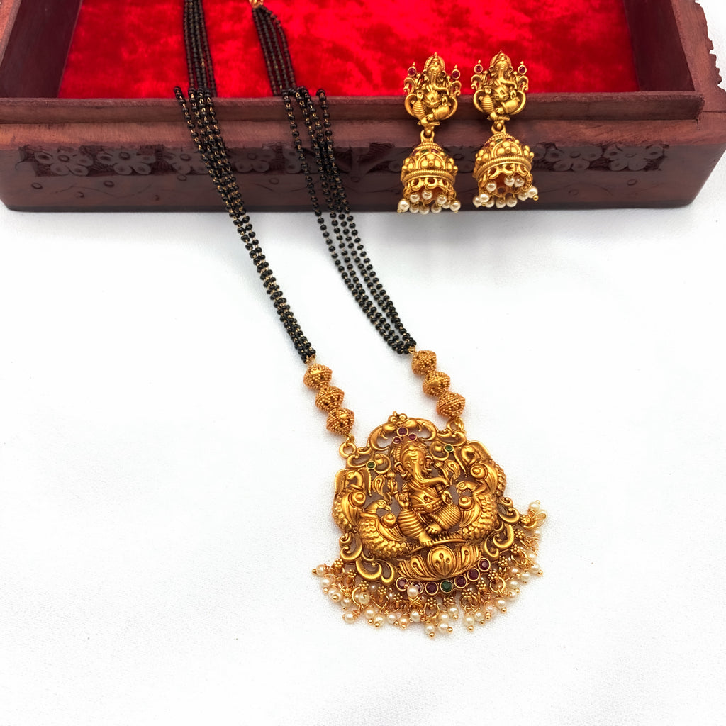 Traditional Temple Ganesha Pendant with Black Beads Mangalsutra Necklace