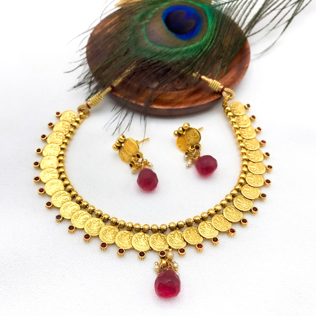 Traditional Lakshmi Coin Temple Necklace Set with Red stone