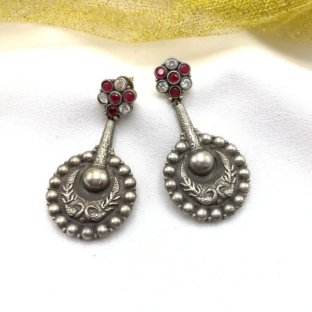 Contemporary Oxidized Silver Long Stylish Earring with Ruby red and White stone