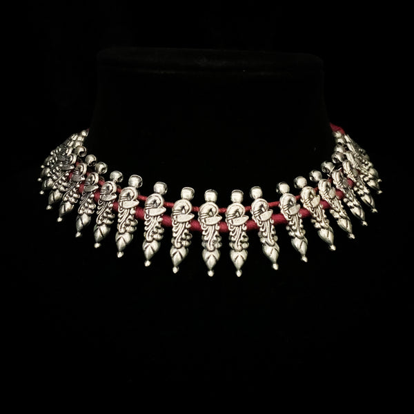 Tribal Oxidized Silver Choker style Necklace with Red Dori
