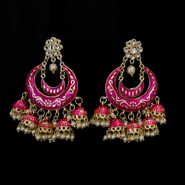 Bollywood Style Hot Pink Hand-painted Chaandbali Earring with Jhumka with Kundan stud