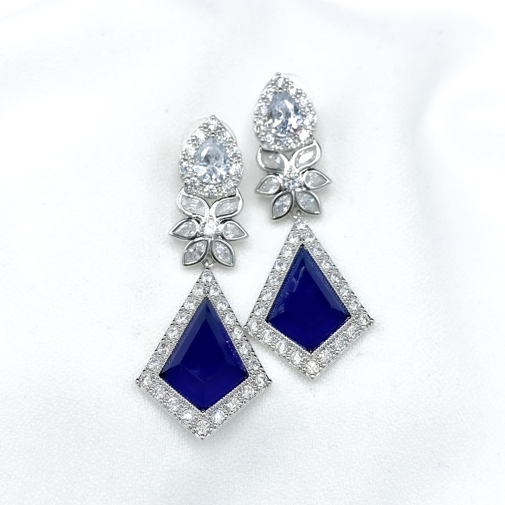 Designer Rhodium polish White and Sapphire Blue Zircon (CZ) Earring