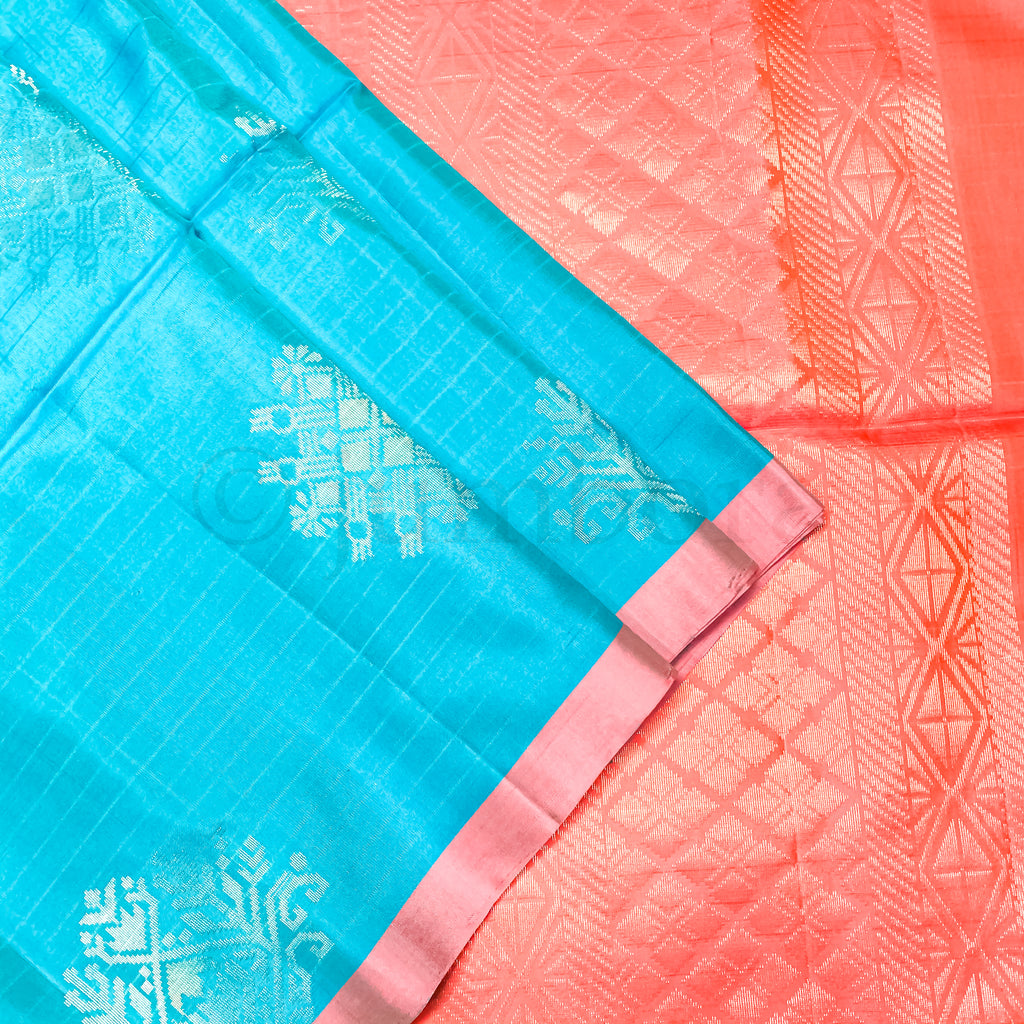 Kanchipuram Pure Silk Handloom Soft silk saree in Turquoise blue and Peach combo