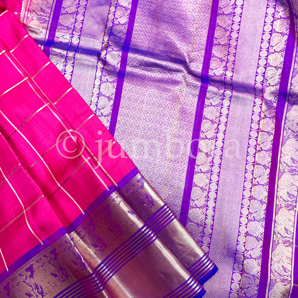 Kanchipuram Pure Silk Handloom Saree in Pink Checks and Purple contrast border