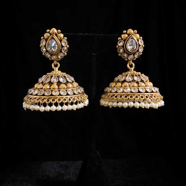 Antique Gold Big Jhumka Earring with White stones