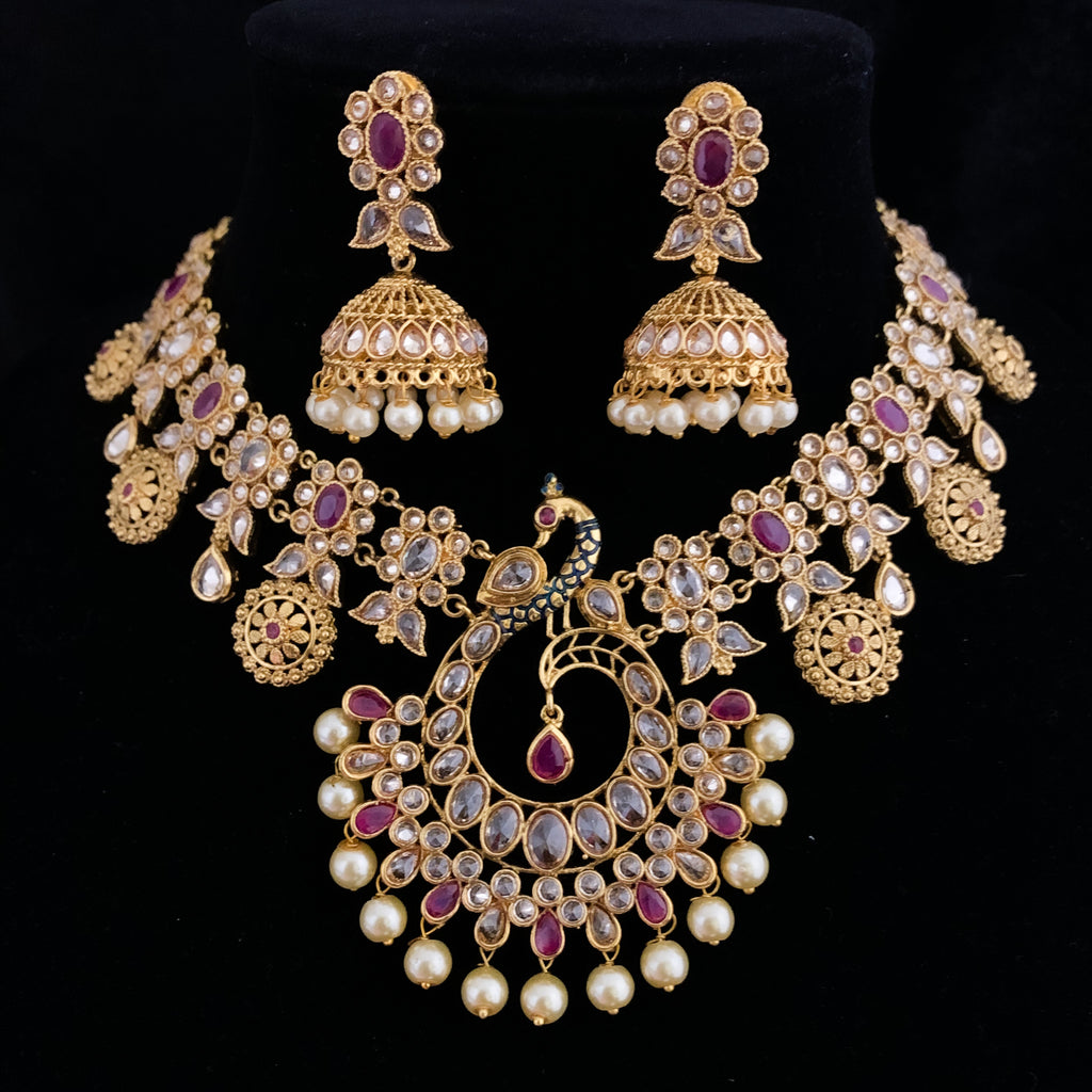Magnificient Peacock Antique Gold Necklace Set with LCD stones and jhumka
