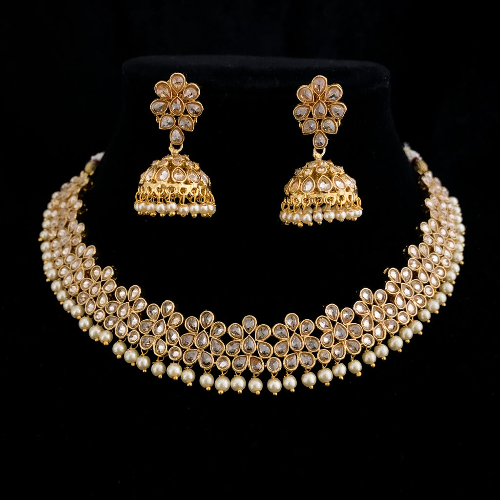 Stunning Antique Gold Designer Choker style Necklace set with LCD Polki style champagne stones and jhumka earring