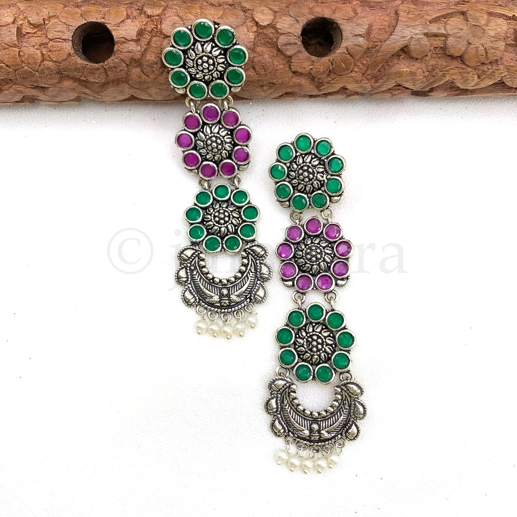 Exquisite Long Oxidized Silver Earring with Ruby Red and Green Stone