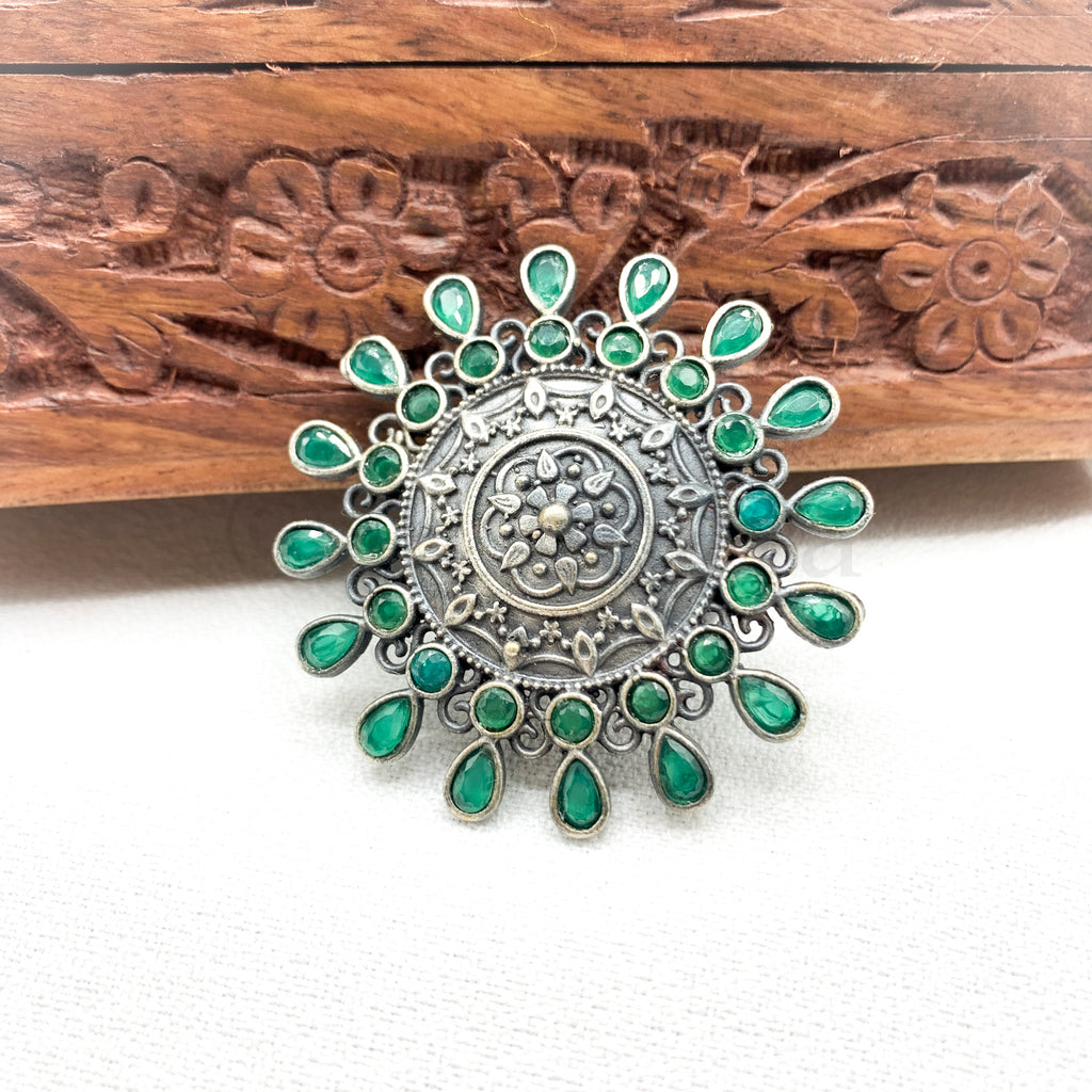 Stylish Oxidized Silver Adjustable Big Finger Ring with green stones