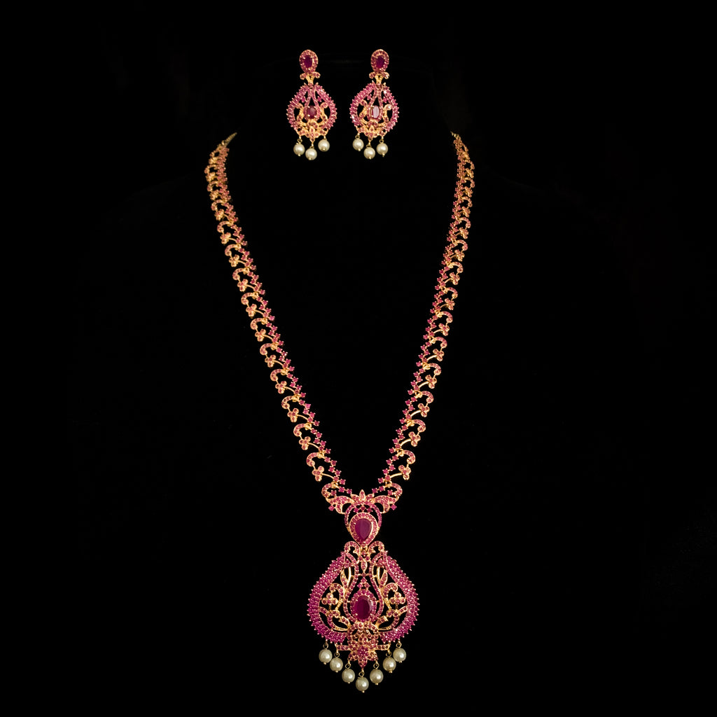 Exquisite Traditional Long Ruby Red Zircon (CZ) Haaram Necklace Set with pearl dangle