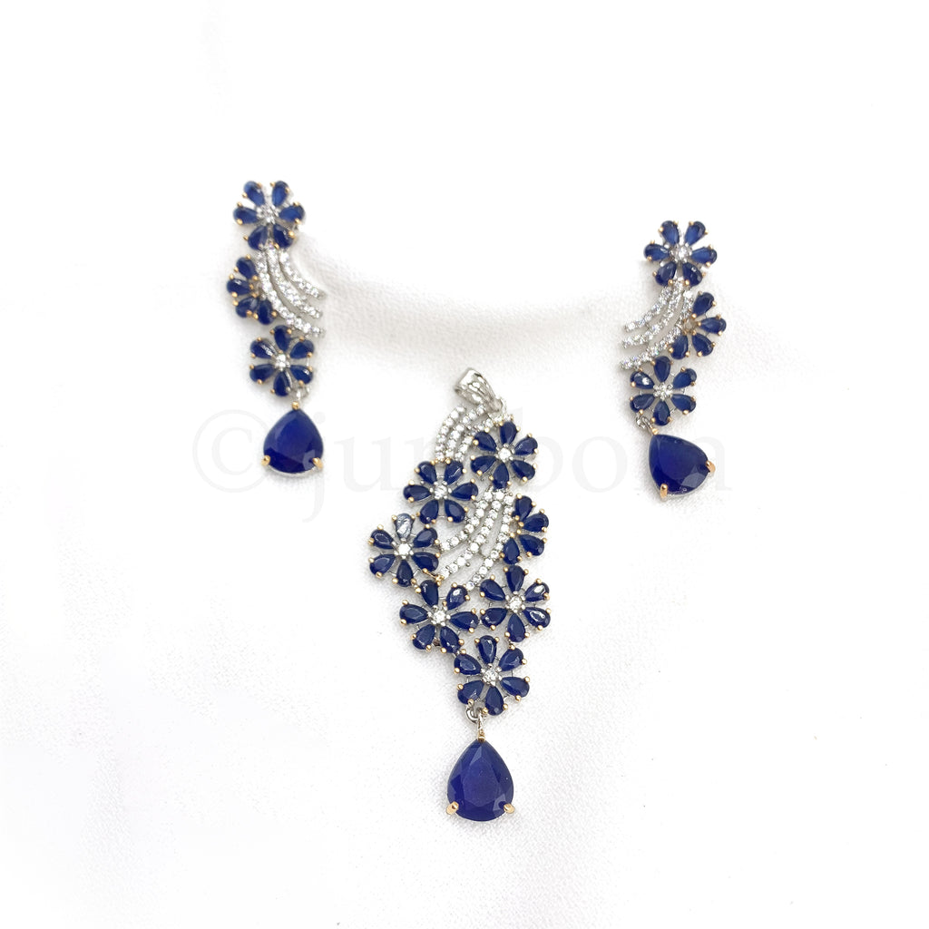 Gorgeous Victorian Sapphire Blue Zircon (CZ) Stone Floral Pendant Set