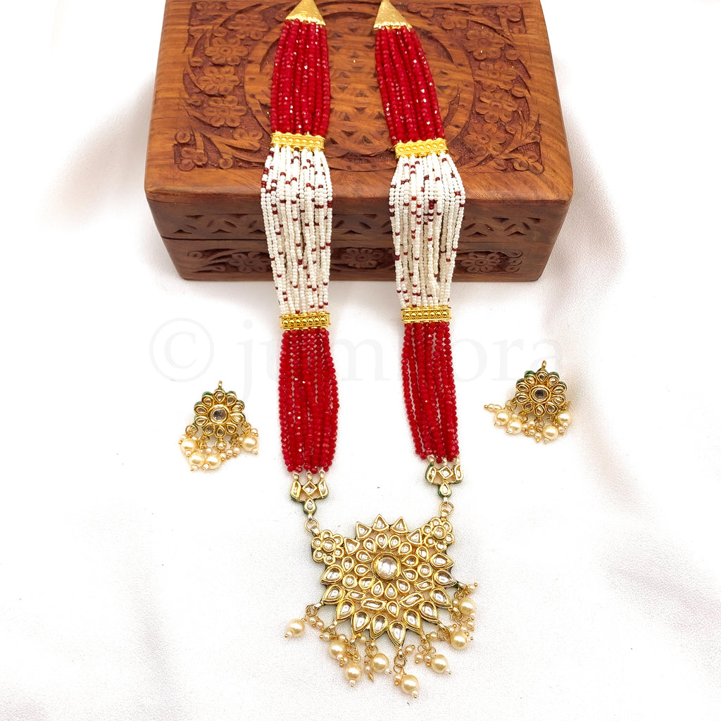 Exceptional Long Kundan Mala With Pearl and Brilliant Red Beads