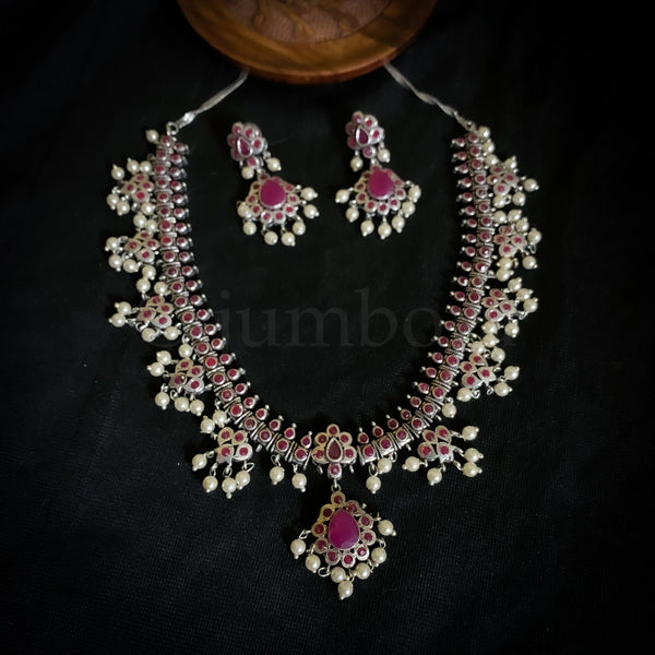 Exquisite Oxidized Silver Necklace Set in Guttapusalu Style in Ruby Red