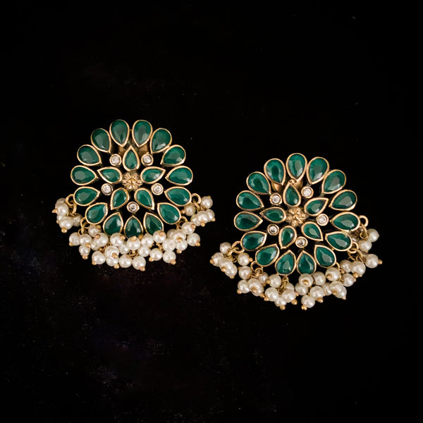 Attractive Amrapali Victorian Style Stud Earring with Emerald Green stones