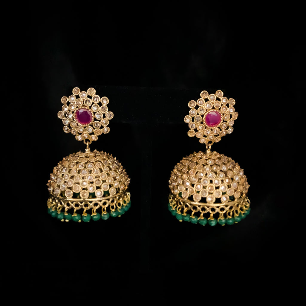 Sparkling Antique Gold Jhumka Earring studded with LCD Champagne stone