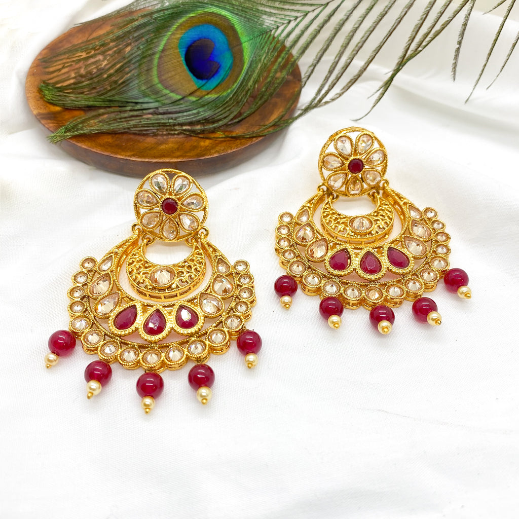 Latest Trendy Antique Gold Chaandbali Earring with LCD stones and Red bead danglers