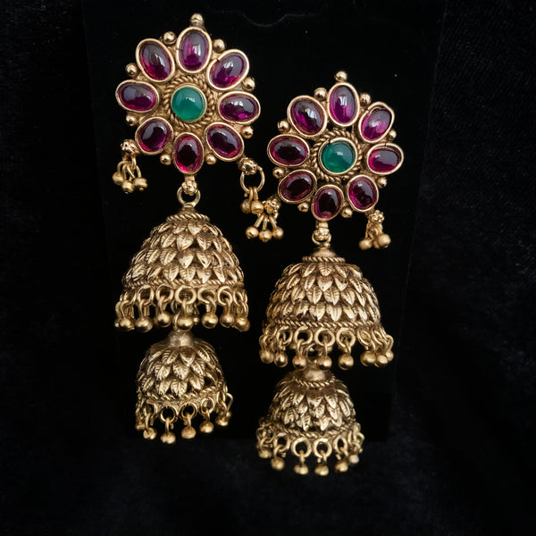 Traditional Antique Gold Kempu Double Row Jhumka Earring