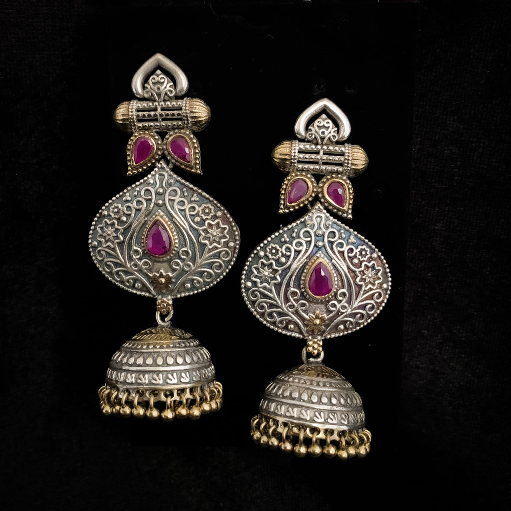 Artisan Dual Tone Premium Quality Oxidized Silver Jhumka Earring with Ruby Red stones