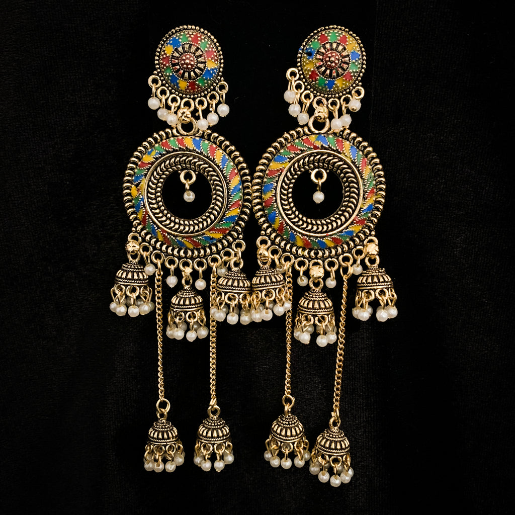 Trendy Modern Colorful Chandbali earring with long Jhumkas