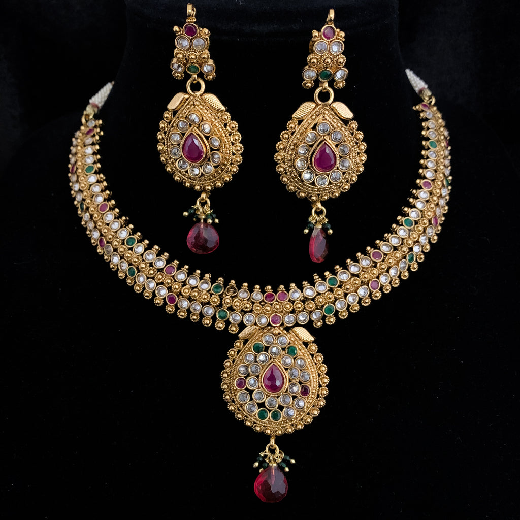 Stunning Bollywood Style Antique Gold Necklace Set in Multicolor stones