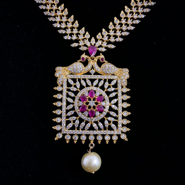 Dazzling White Zircon (CZ) stone Necklace Set with Unique Square Pendant and Peacock work