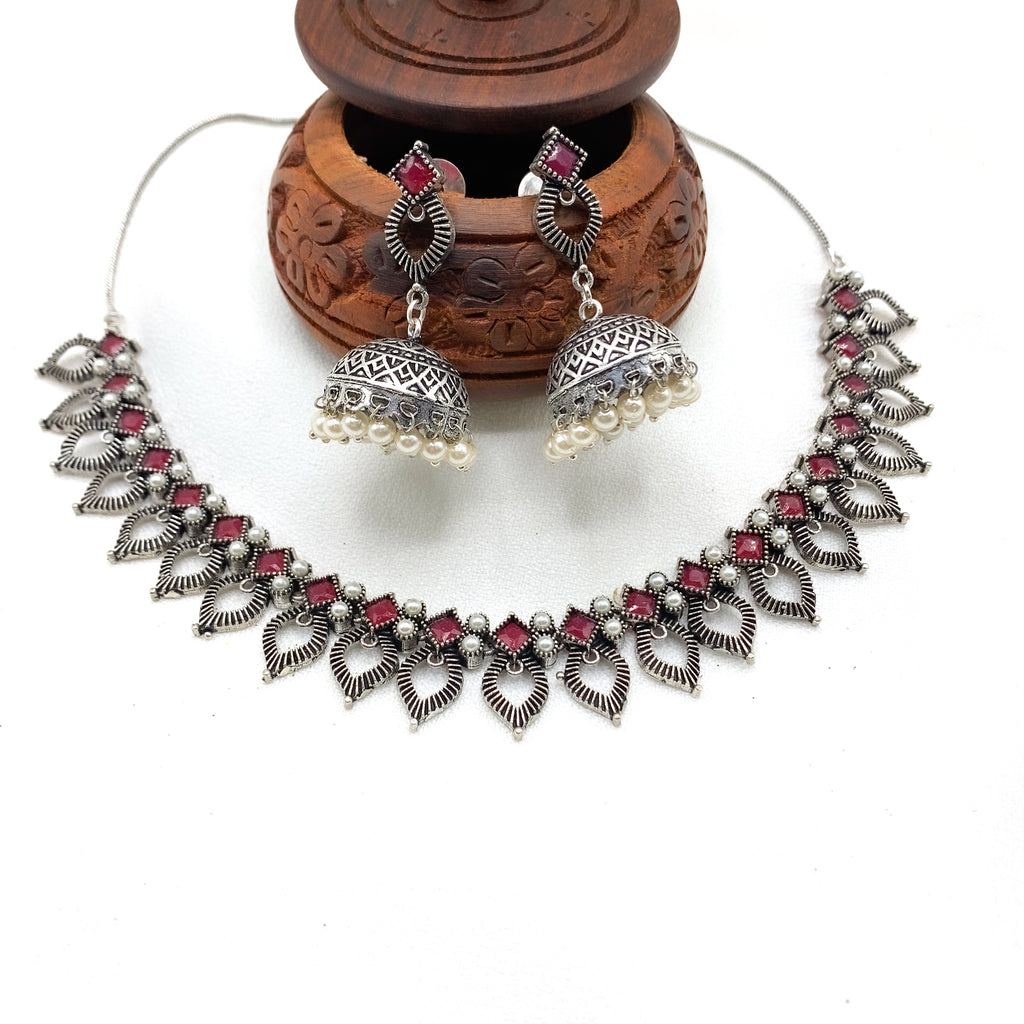 Elegant Oxidized Silver Necklace Set with Ruby Red stones and Jhumka