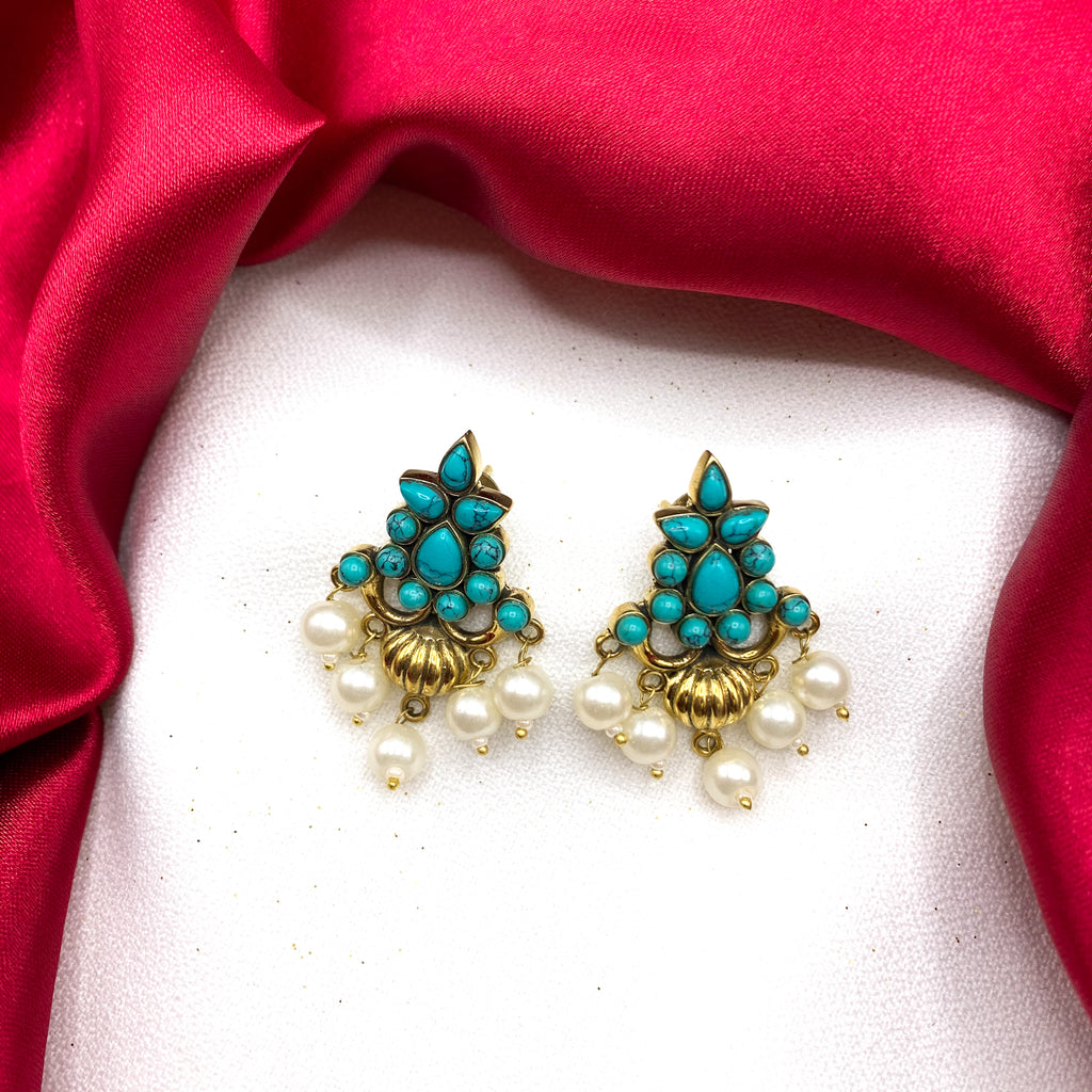 Exquisite Artisan Amrapali Victorian Style Antique gold Earring with Turquoise stones.