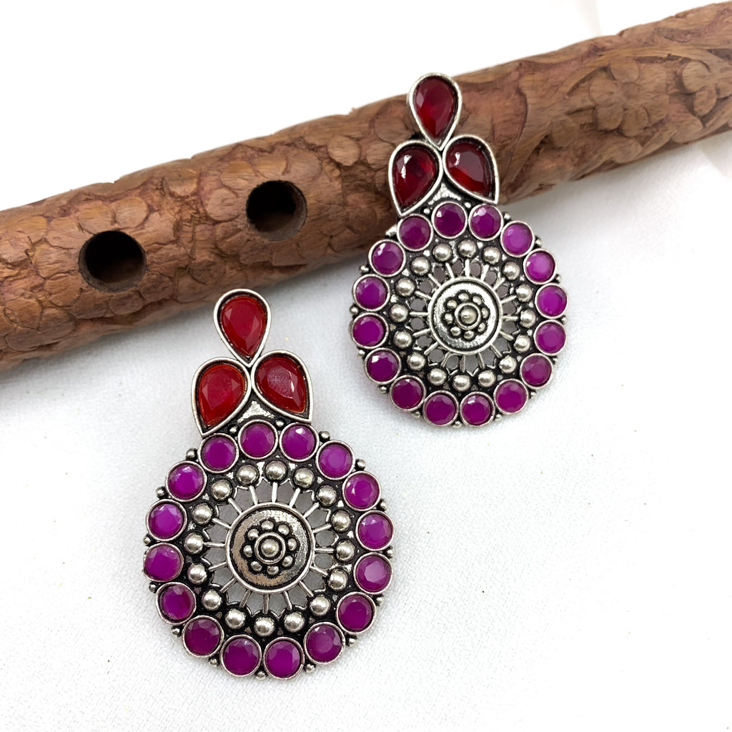 Contemporary Modern Trendy Oxidized Silver Earring with Ruby red stones