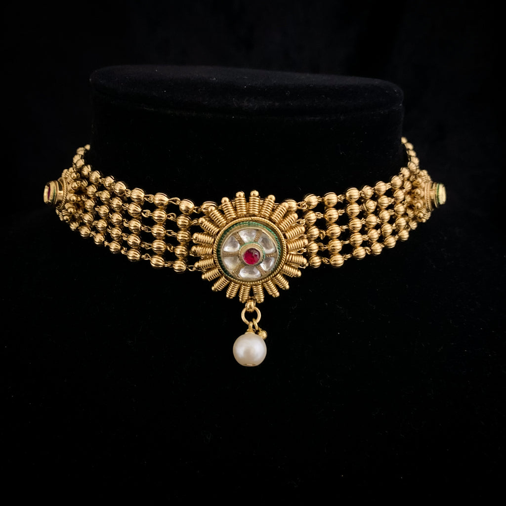 Beautiful Traditional Antique Gold Choker Necklace Set with Kundan stones and Jhumka