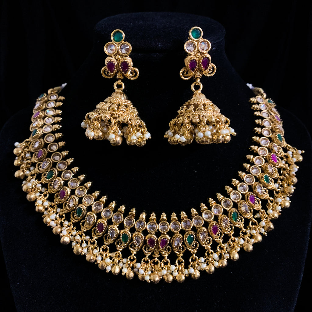 Exquisite Tradtional Mango Choker style Antique Necklace with Red, Green, and White stones