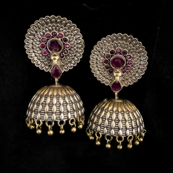 Beautiful Dual Tone Oxidized Silver Peacock Jhumka with Ruby red stones