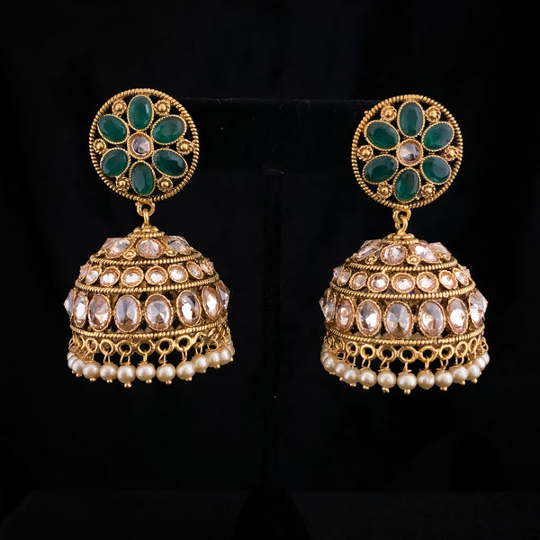 Beautiful Antique Gold Jhumka Earring with LCD Champagne stones and Greed Floral Stud