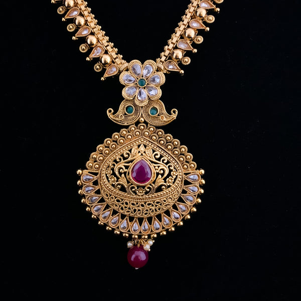 Exceptional Long Antique Matte Gold Necklace Set with LCD stones