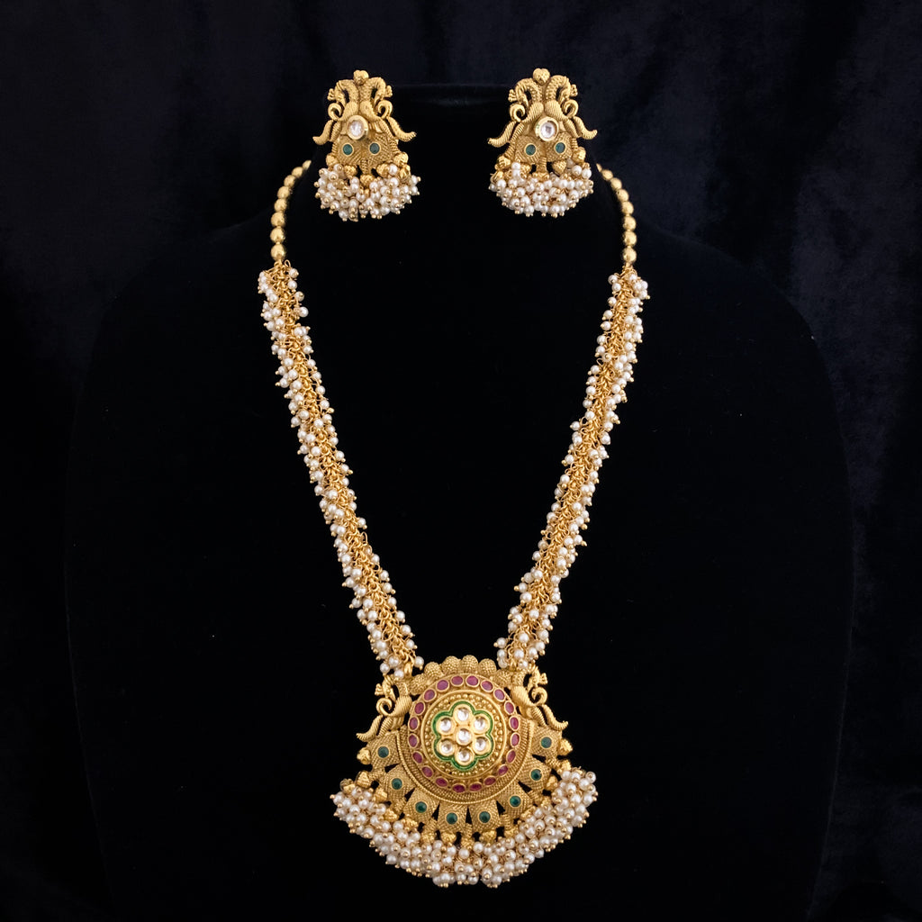 Radiant Long Antique Gold Pearl Mala Necklace Set with Kundan Pendant