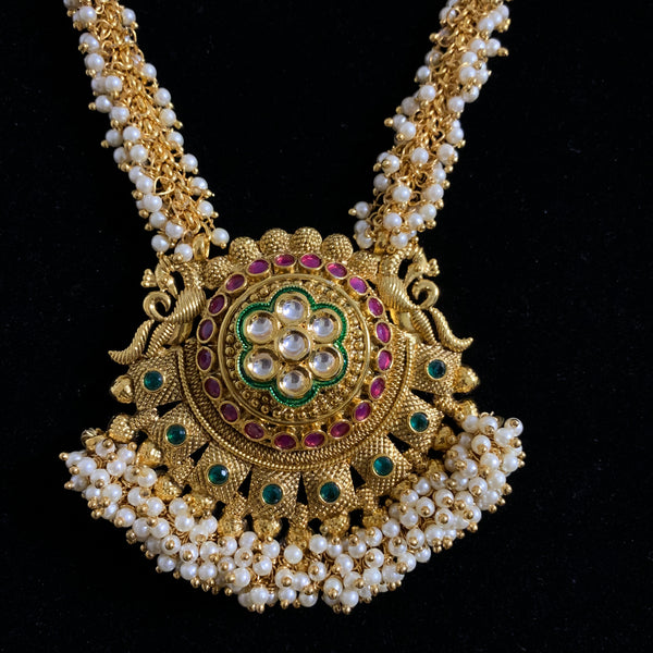 Radiant Long Antique Gold Pearl Mala Necklace Set with Kundan Pendant