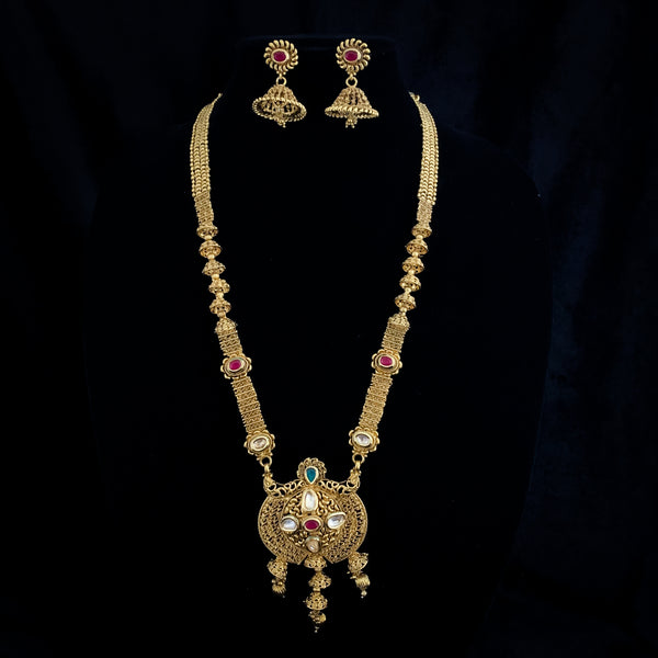 Traditional Long Antique Gold Necklace Set wiht Kundan stones and Jhumka